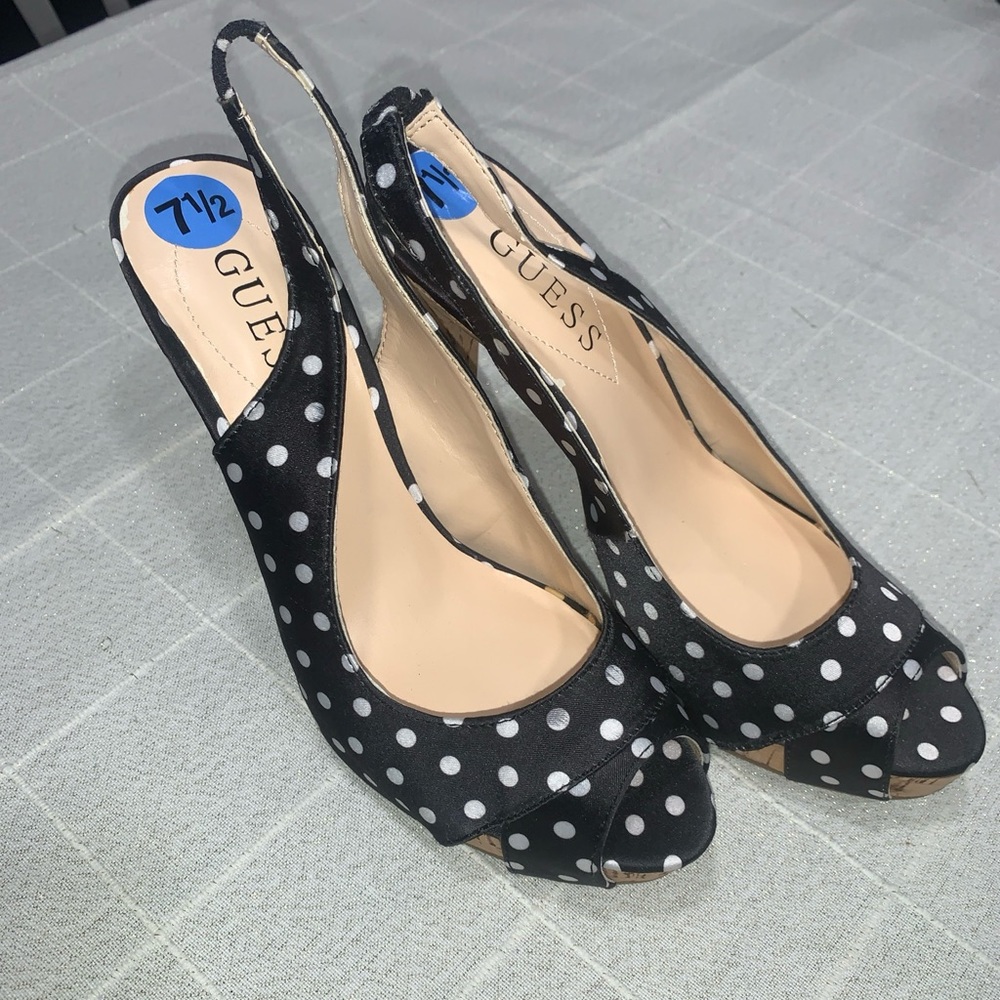 GUESS Sz 7.5 Polka Dot Slingback Peep Toe Heels